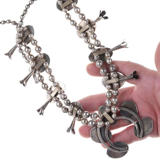 Late 20th Century Vintage Native American Silver and Turquoise Squash Blossom Necklace For Sale - Image 5 of 5