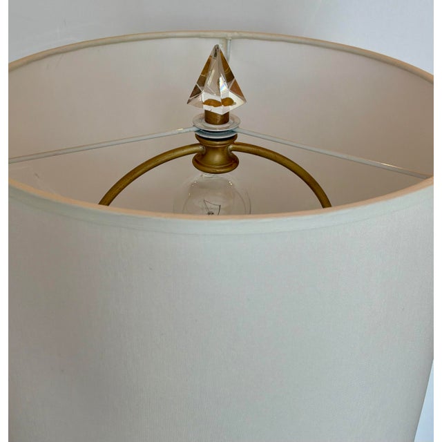One of a kind Baker Modern Satin Brass Floor Lamp Prototype, ivory fabric shade, crystal finial, showroom floor sample