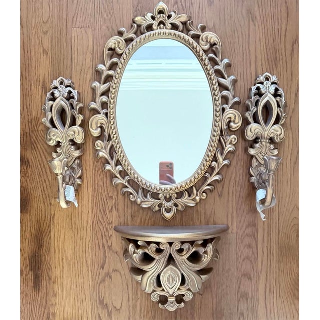 Vintage Ornate Gold Wall Mirror Set With Shelf and Candleholders For Sale - Image 4 of 11