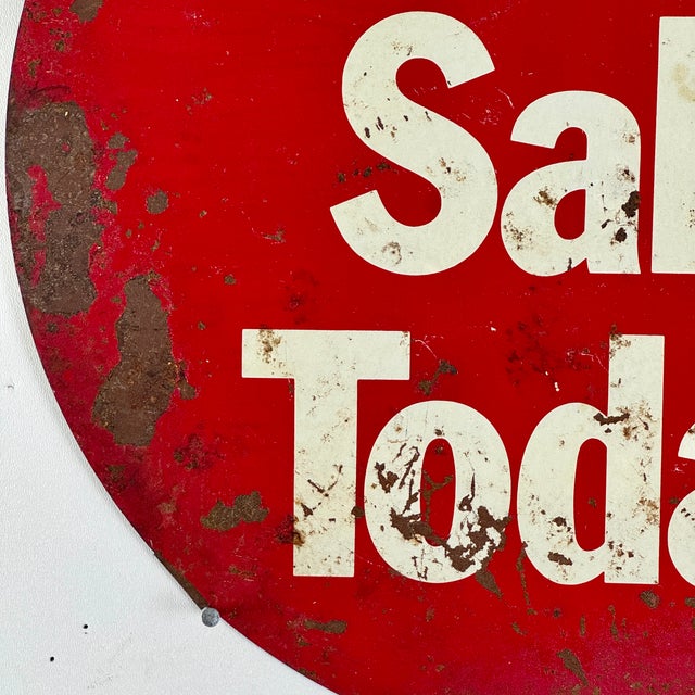 Vintage "Tire Sale Today" Round Red Metal Sign For Sale - Image 4 of 5