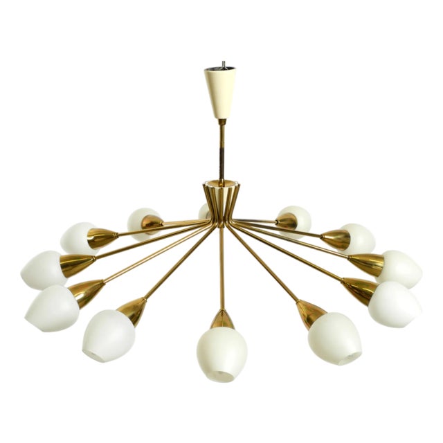 Mid-Century Brass 12-Armed Chandelier with Opal Glass Shades, 1950s For Sale