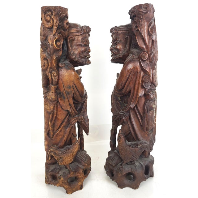 Chinese Pair of Large Antique Chinese Li Tieguai Carved Wood Figures W. Glass Eyes For Sale - Image 3 of 14