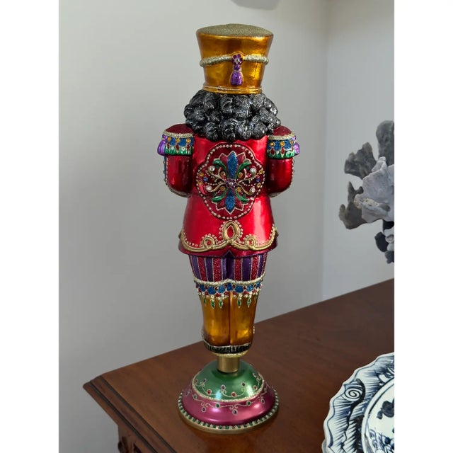 2010s Large Rare Collectible Jay Strongwater Collectible Jewel Nutcracker Tree Topper With Stand For Sale - Image 5 of 11