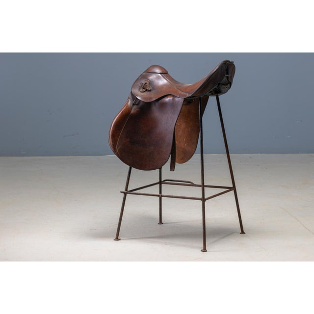 Saddle Style Leather and Metal Bar Stools, Late 20th Century, Set of 2 For Sale - Image 4 of 11
