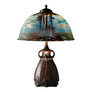 Vintage Owl Arts and Crafts Reverse-Painted Glass and Patinated Copper Lamp Base For Sale