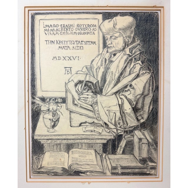 Realism Original Antique Scholar Desiderius Erasmus of Rotterdam Pencil Drawing Sketch For Sale - Image 3 of 12
