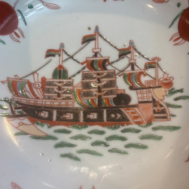 Beautiful antique Japanese Imari porcelain bowl featuring the iconic "Black Ship" (Nanban / Southern Barbarian) motif....