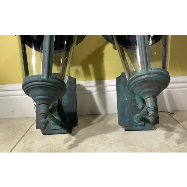 Timeless Elegance: Pair of Antique Verdigris Brass Wall Lanterns For Sale - Image 11 of 12