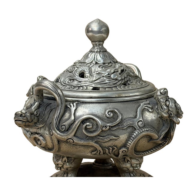 Chinese Silver Color Round Dragon Theme Incense Burner Display Art For Sale - Image 11 of 18