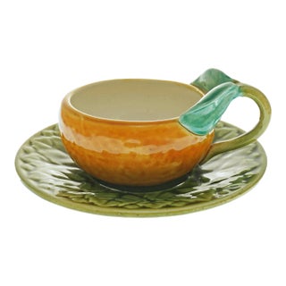 1950s French Majolica Orange Cup and Saucer: Sarreguemines Barbotine For Sale