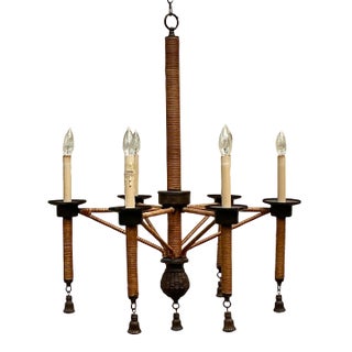 Vintage Coastal Wrapped Rattan Six Arm Chandelier For Sale