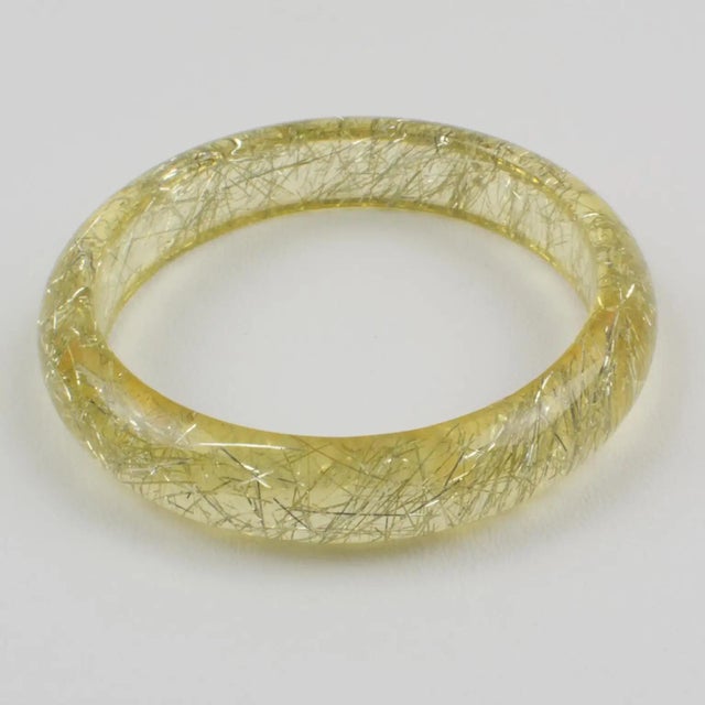 Contemporary Lucite Bracelet Bangle Yellow Lemon with Silver Metallic Thread Inclusions For Sale - Image 3 of 7