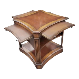 Theodore Alexander Attributed Crossbanded Mahogany Side Table W/ Tooled Leather Pull-Out Trays