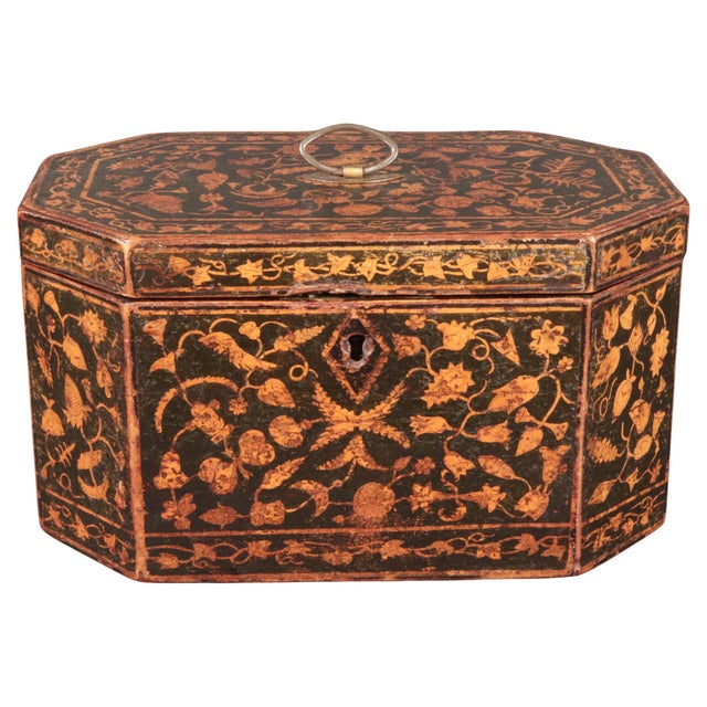 Regency Elegance: Fine English Gold & Black Penwork Double Tea Caddy, Circa 1820 A striking and sophisticated Regency-era...