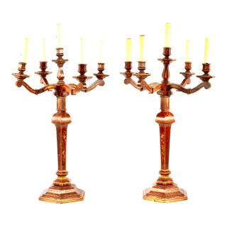 A Pair Red Gilt Chinoiserie Candelabra Table Lamps For Sale