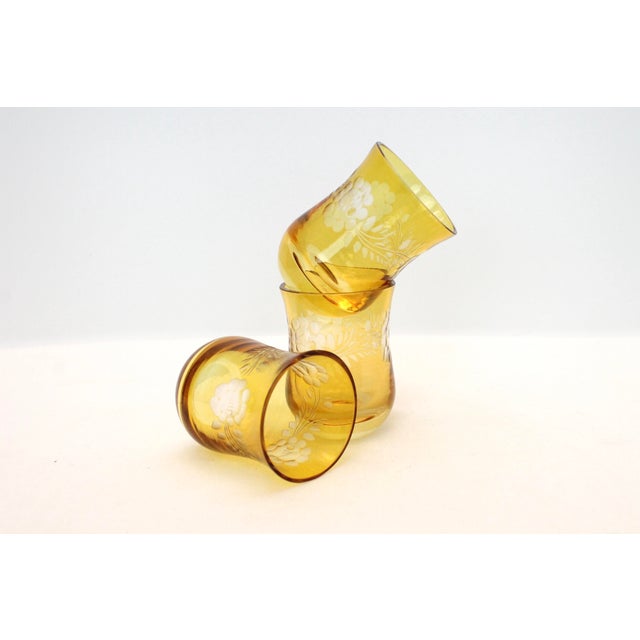 Vintage Bohemian Cut to Clear Etched Amber Shot Glasses Set of 3
