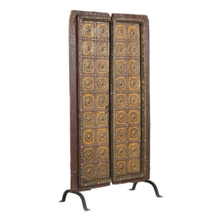 Antique Indian Painted Teakwood and Brass Door on Iron Stand For Sale