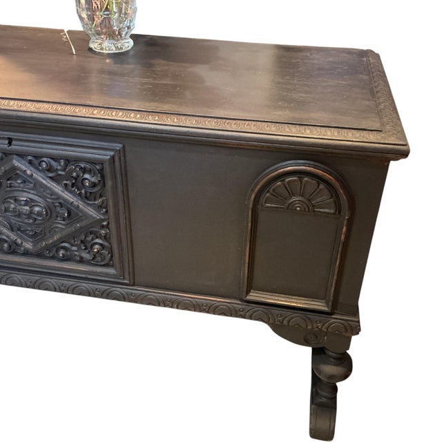 Jacobean Antique West Branch Cedar Chest Carved Blanket Trunk Annie Sloan Black 48" For Sale - Image 3 of 11