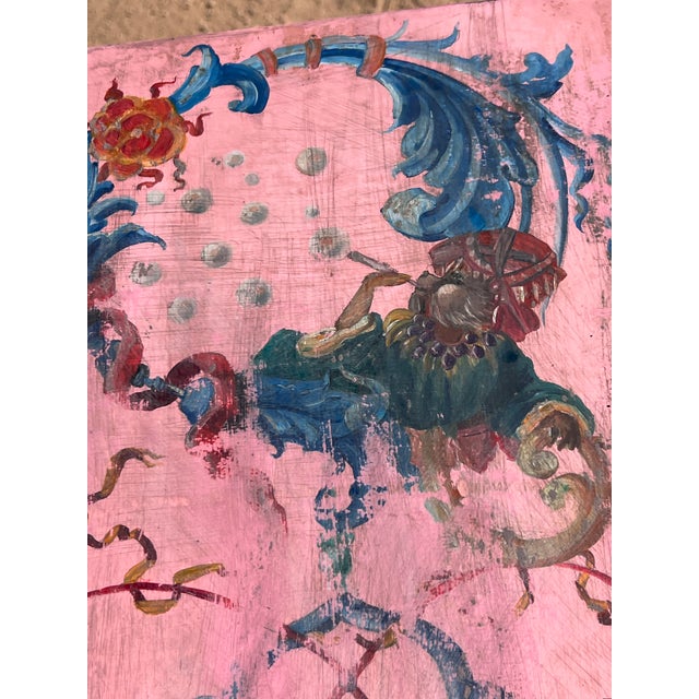 Wood Pair of Vintage Large Continental European Chinoiserie Oil on Leather Panel Paintings For Sale - Image 7 of 14