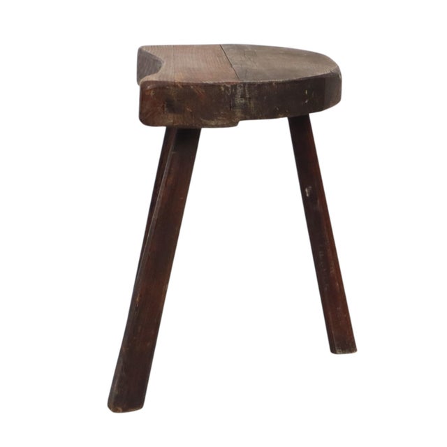 Brown Vintage Rustic Wabi-Sabi Wooden Three-Legged Milking Stool, France For Sale - Image 8 of 18