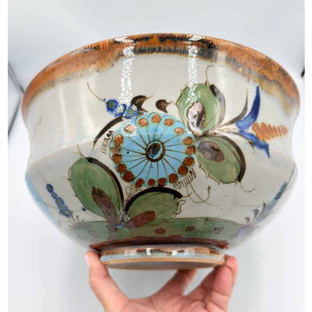 1950s Folk-Art Ken Edwards Palomar Tonala Pottery Hand Painted Punch Bowl W/Ladle For Sale - Image 12 of 17
