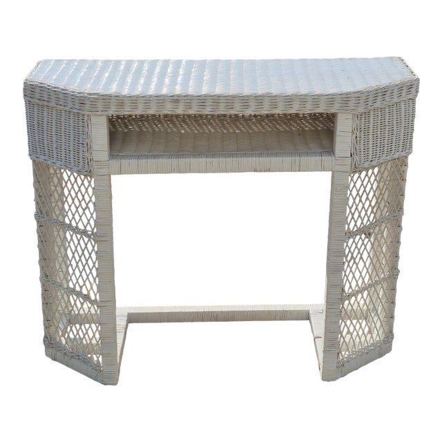 Mid-20th Century Victorian Style White Wicker Vanity Desk Console Table For Sale