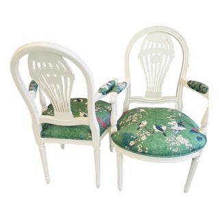 20th-Century Louis XVI Style Neoclassical Armchairs, Newly Reimagined – Thibaut Katsura in Emerald For Sale