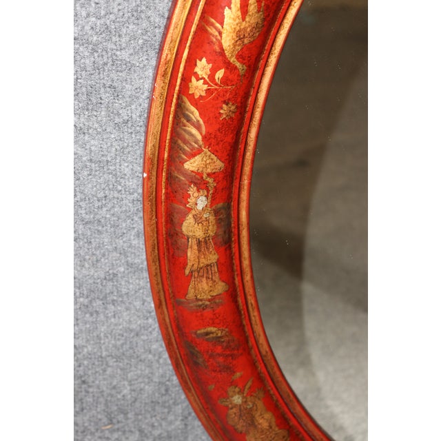 Red Lacquered Chinoiserie Oval Hand Painted Wall Mirror For Sale - Image 4 of 5