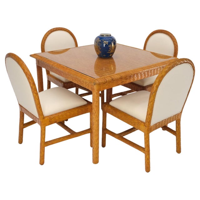 Leather basket weave wicker style square dining room table 4 chairs glass top set. All new beige wool upholstery. Table...