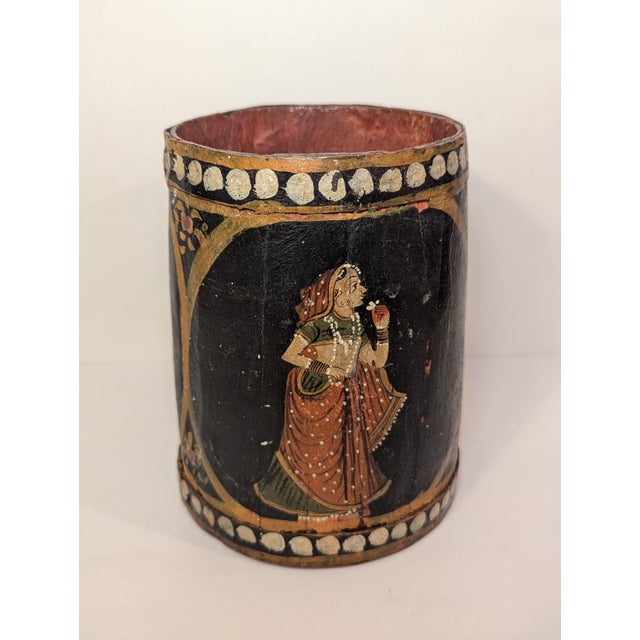 Mid-20th Century Hand-Painted Rajasthani Wooden Vessel With Mughal Court Portraits For Sale - Image 4 of 11