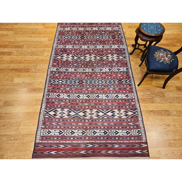 Antique Turkmen Yomut Soumak Kilim, Handwoven Wool, Geometric Pattern, Rust & Blue, 5x10 For Sale - Image 13 of 13