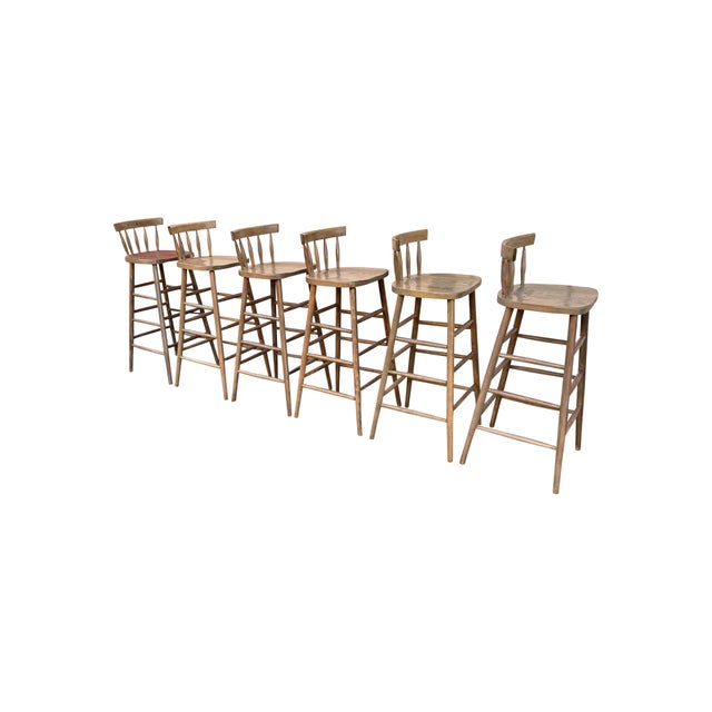Set of 6 Vintage Oak Low Back Bar Stools Chairish