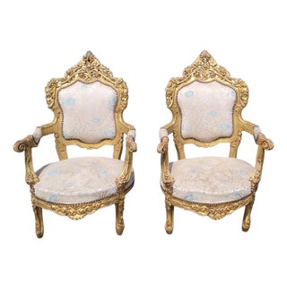 Mid 20th Century A Pair of Oversized Gilt Wood Rococo French Armchairs For Sale