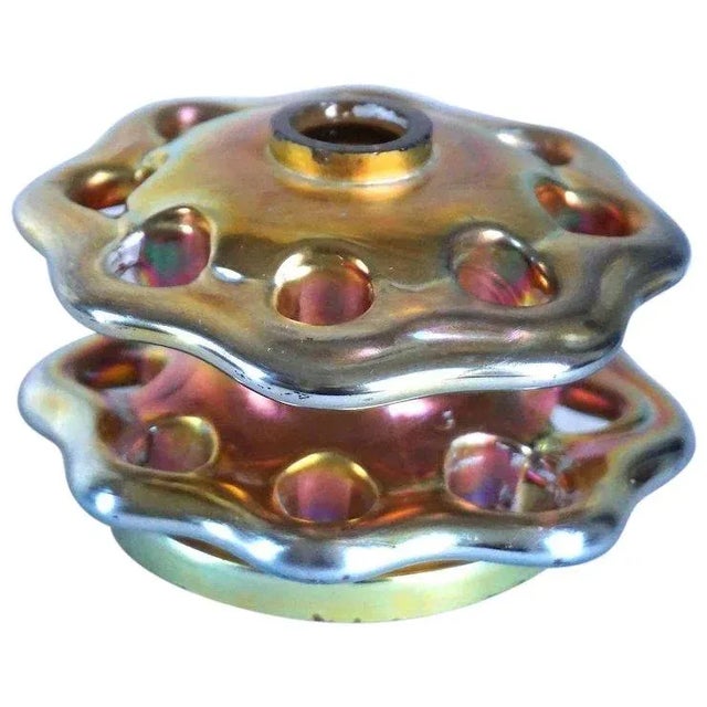 1910s American Steuben Glass Iridescent Gold Aurene Flower Frog For Sale - Image 5 of 8