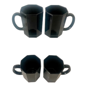 Postmodern 1980's Black Glass Arcoroc France Octime Mugs- Set of 4
