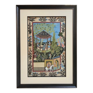 Indo-Persian Gouache Vintage Painting on Silk, Framed For Sale