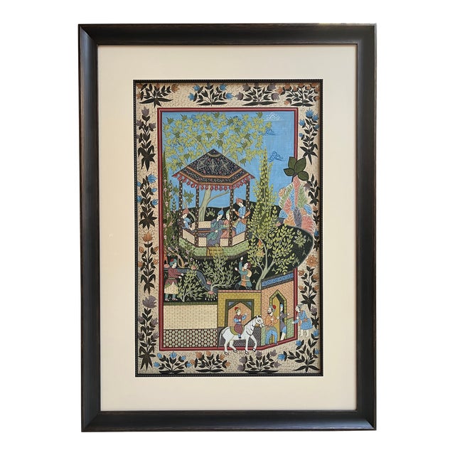 Indo-Persian Gouache Vintage Painting on Silk, Framed For Sale