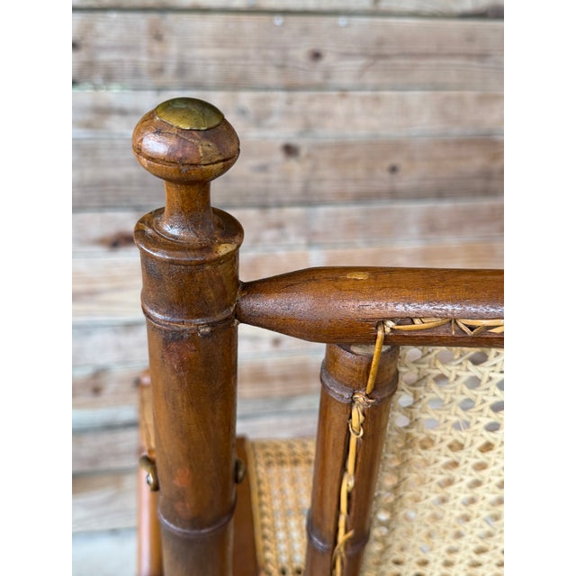 Mid-20th Century English Campaign Faux Bamboo Folding Sling Armchairs With Cane Seats – Pair For Sale - Image 10 of 12