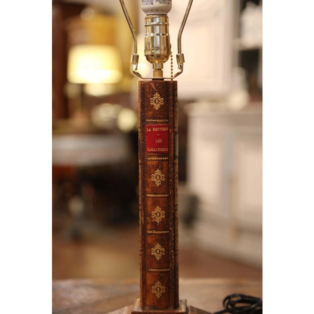 French Mid-Century French Leather Faux Book Table Lamp With Shade For Sale - Image 3 of 10