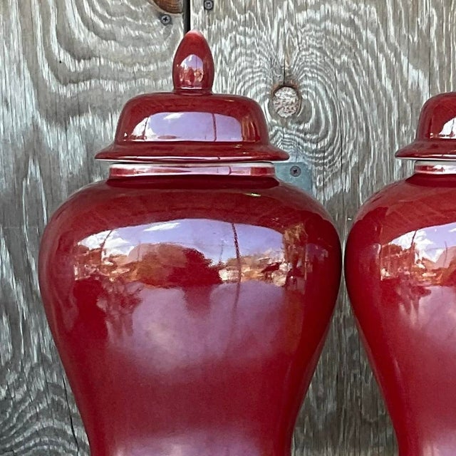 Vintage Asian “Sang De Boeuf” Glazed Ceramic Ginger Jar Urns - a Pair For Sale In West Palm - Image 6 of 12