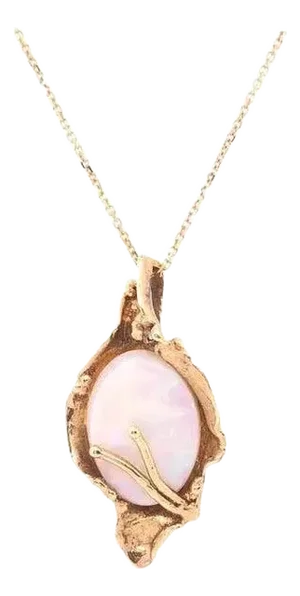 14 Karat Yellow Gold Necklace With Freeform Oval Opal and Gold Pendant