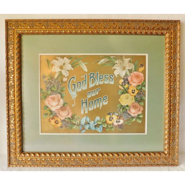 Large Vintage Floral Bless Our Home Ornate Heavy Gold Framed Wall Picture For Sale - Image 11 of 11