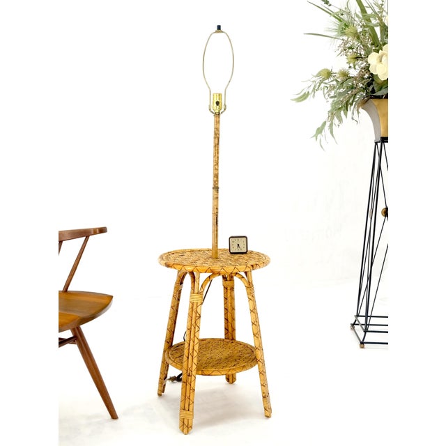 Bamboo Rattan c1970s 4 Legged Two Tier Round Side Table Floor Lamp For Sale - Image 6 of 10