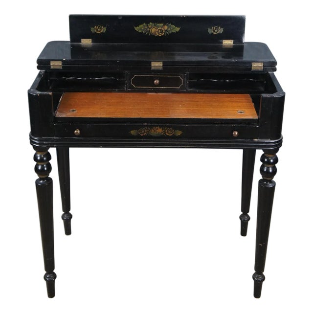 Hitchcock Style Black Lacquered Harvest Stenciled Secretary Writing Desk For Sale