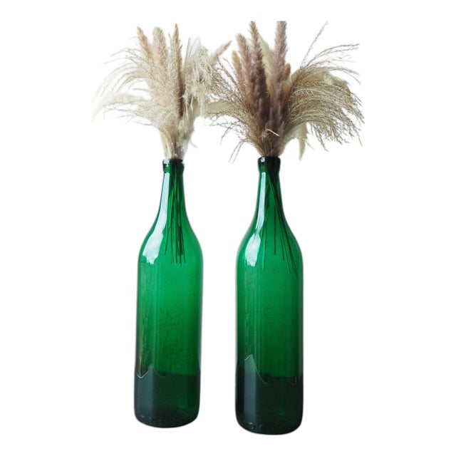 Mid-Century Green Glass Bottle Vases, Bohemia, 1960s, Set of 2 For Sale