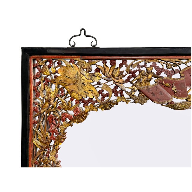 85" X 71" Chinese Red Golden Relief Carving Wood Frame Wall Mirror For Sale - Image 4 of 17