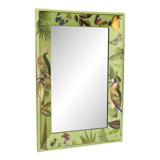 Vintage Green Botanical Decoupage Wall Mirror With Tropical Birds and Butterflies For Sale