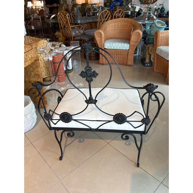 Hollywood Regency Vintage Wrought Iron Garden Patio Bench Stool Newly Upholstered Powder-Coated For Sale - Image 3 of 12