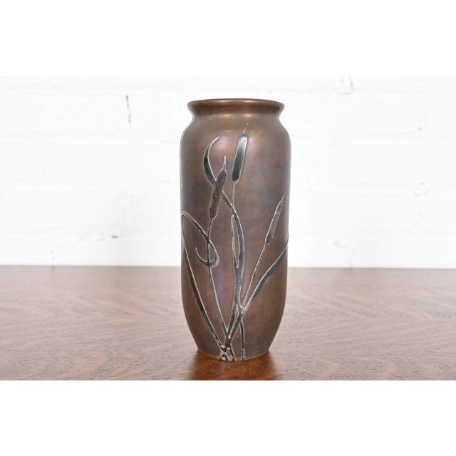 Heintz Arts & Crafts Sterling Silver on Bronze Vase With Cattail Motif For Sale - Image 12 of 12