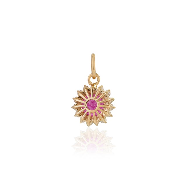 Vintage Inspired Sunburst Ruby & Diamond Halo Pendant in 14k Yellow Gold For Sale - Image 9 of 14